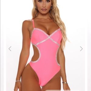 Island sparks rhinestone trim one piece swimsuit